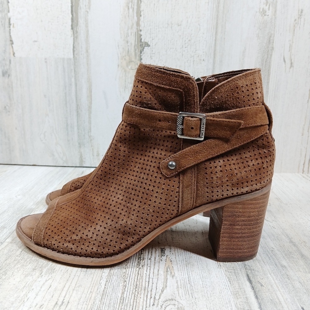 Vince Camuto Open Toe Ankle Bootie Women's 8 Temira Brown Perforated Suede